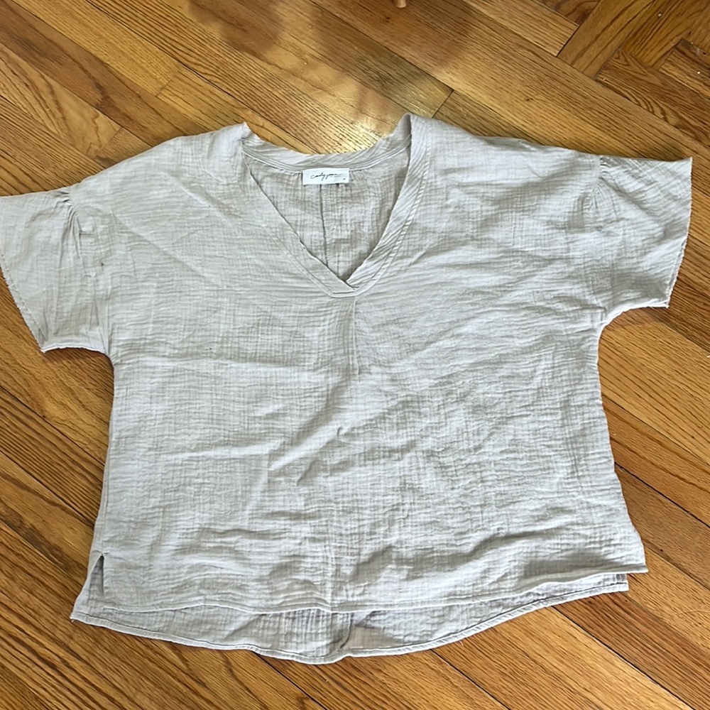 Carly Jean size medium,gauze  beige, V-neck shirt